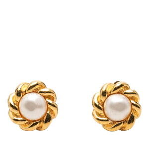 Chanel Vintage Flower Motif Earrings, Gold Plated, Faux Pearl, Women's.